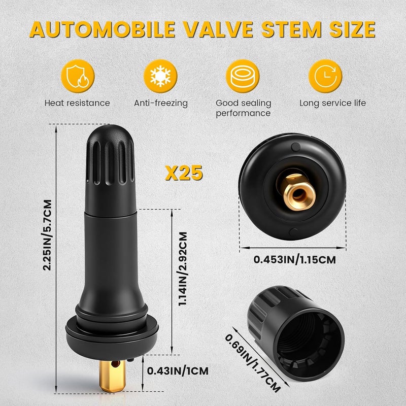 caqeg 25pcs TPMS 17-20008 Rubber Snap-in Tire Pressure Sensor Valve Stem Compatible with F ord C hevrolet Dodge C hrysle Buick Ram C adillac P ontiac Subaru Lincoln GM Chevy - Image 2